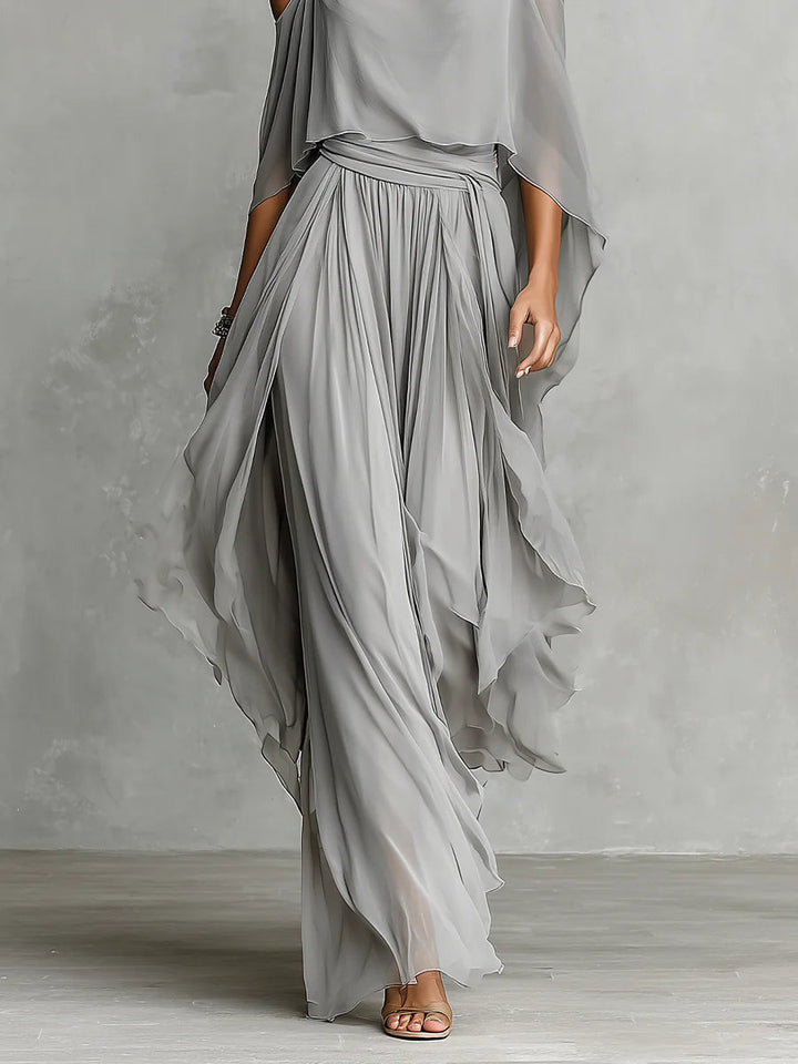 Isabella | Grå Flödande Topp & Chiffon Byxset