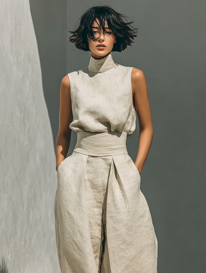 Minimalistiskt set för dam med ärmlös blus och byxor med vida ben
