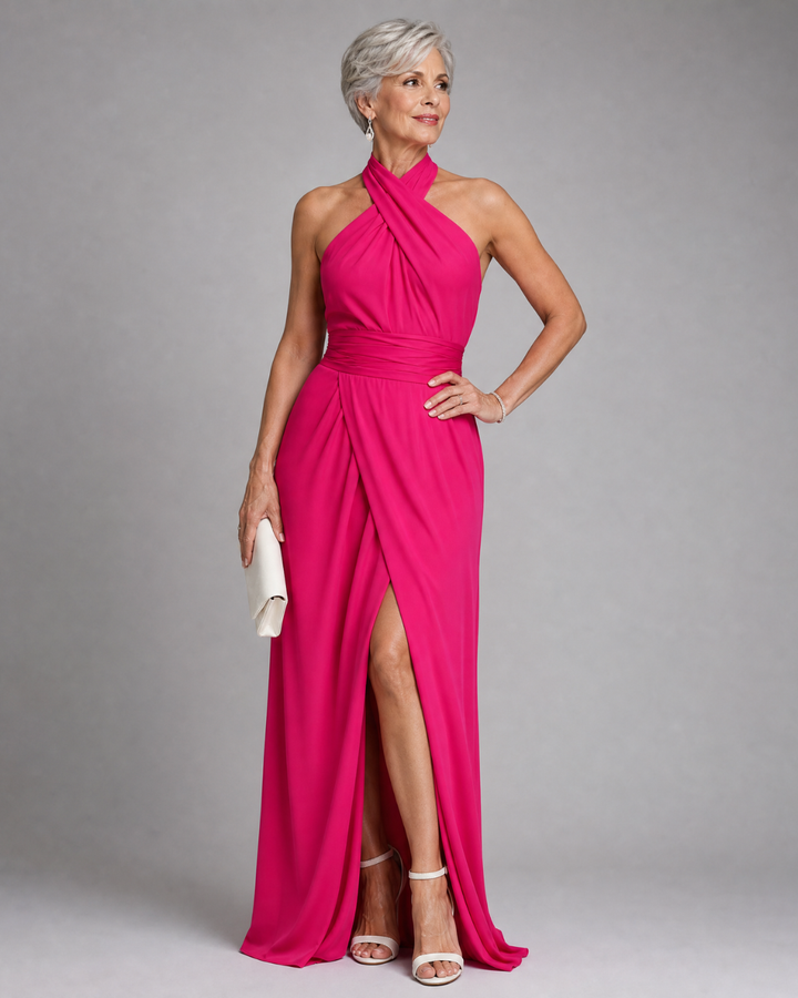 Vaelora | Kors Halter Draperad Sidoslits Midiklänning