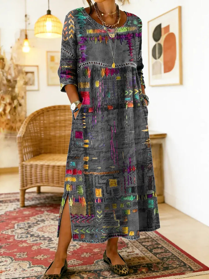 Hélène | Denim Klänning med Etniskt Patchwork