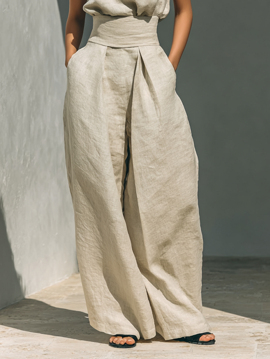 Minimalistiskt set för dam med ärmlös blus och byxor med vida ben