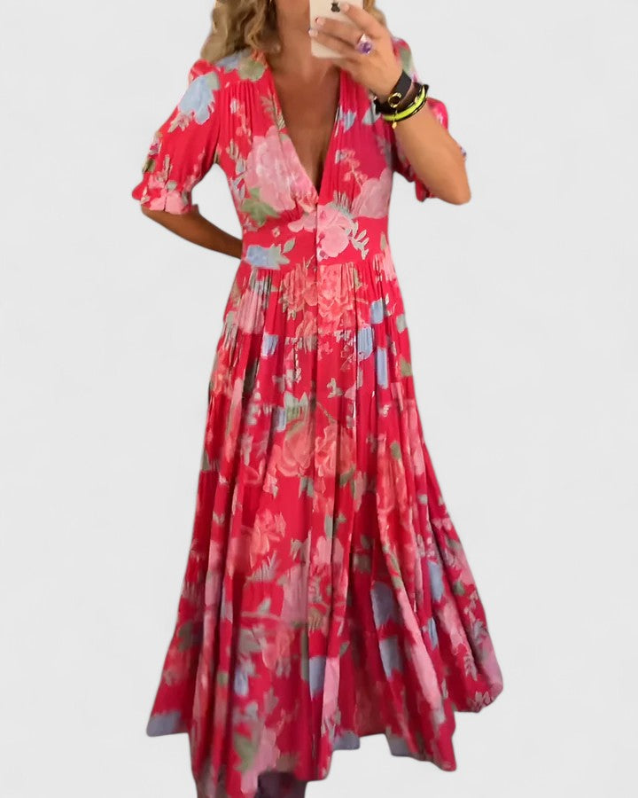 Amaya | Elegant Blommig V-ringad Klänning