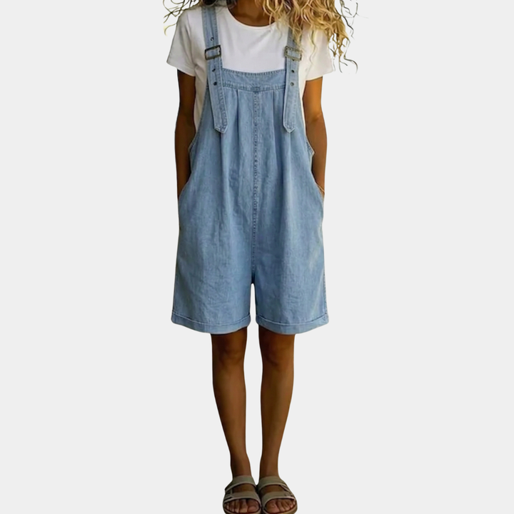 Michelle – Vintage Tvättad Mjuk Bomullskänsla Denim Kort Overall Ljusblå