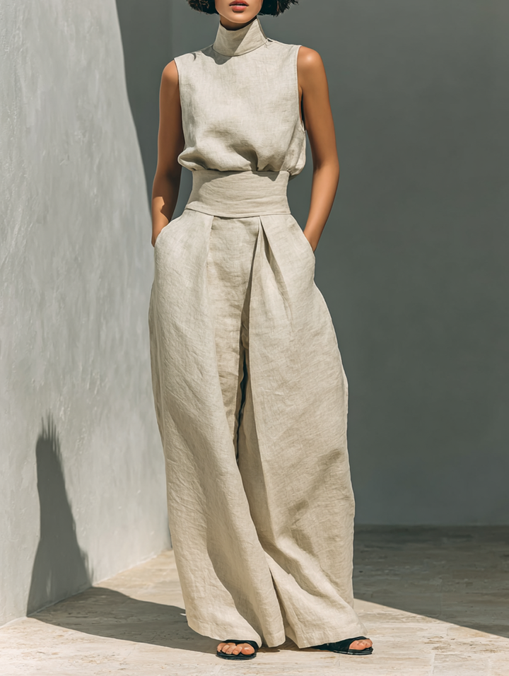 Minimalistiskt set för dam med ärmlös blus och byxor med vida ben