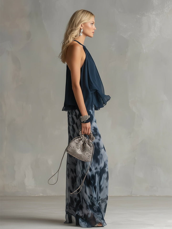 Ludovica | Elegant Chiffon Set med Hög Krage och Vida Ben Tryckt Byxor