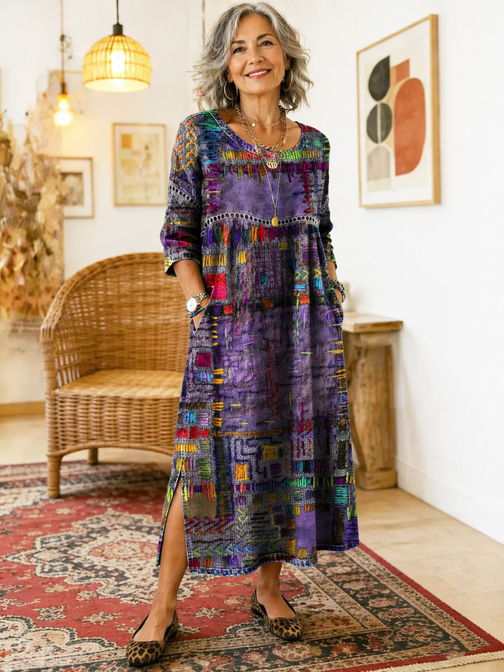 Hélène | Denim Klänning med Etniskt Patchwork