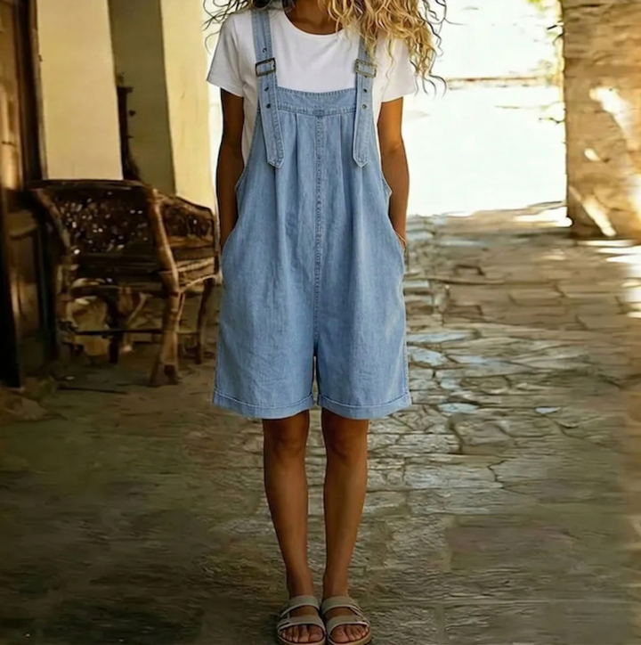 Michelle – Vintage Tvättad Mjuk Bomullskänsla Denim Kort Overall Ljusblå