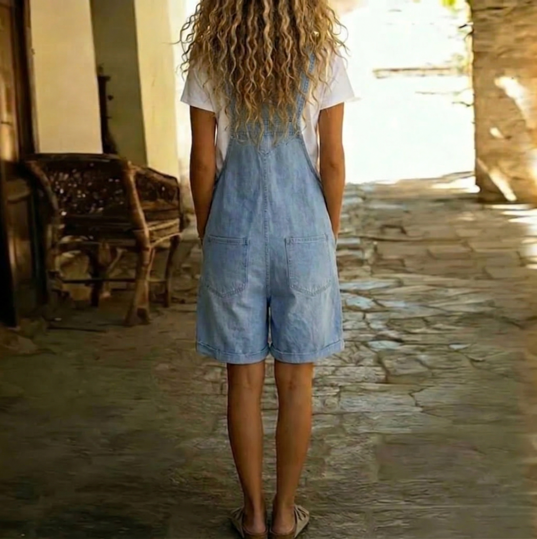 Michelle – Vintage Tvättad Mjuk Bomullskänsla Denim Kort Overall Ljusblå