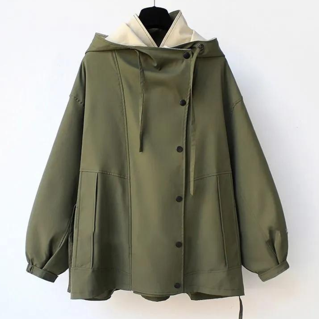 Moderna tweekoloriga trenchcoat i beige och olivgrön