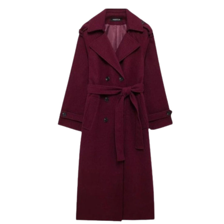 Elegant burgundy vinterjacka med dubbelknappar och bälte.