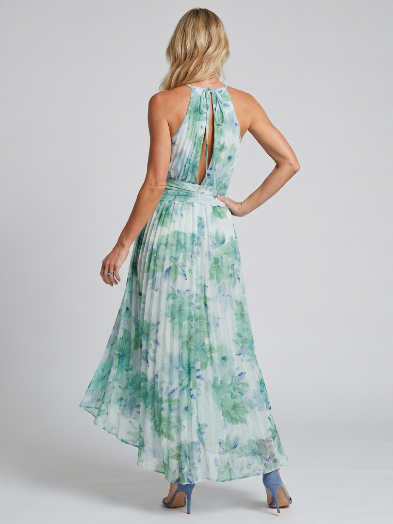 Portia | Plisserad Halter Mjukt Blommönster Midiklänning