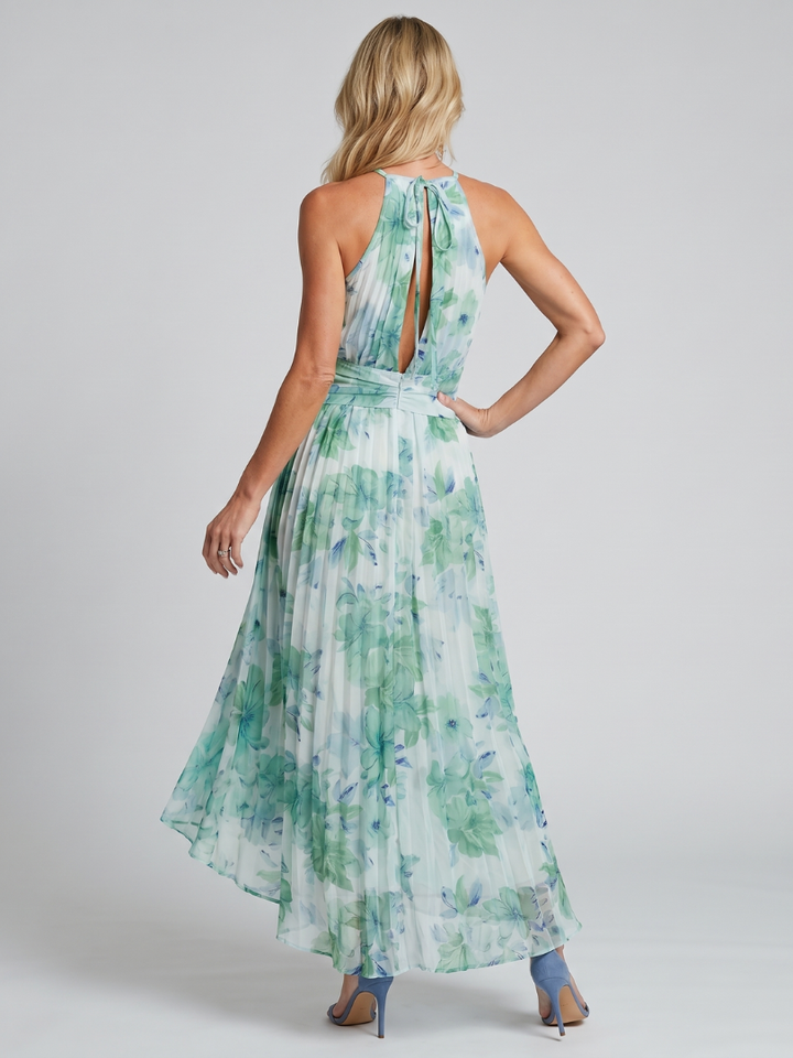 Portia | Plisserad Halter Mjukt Blommönster Midiklänning