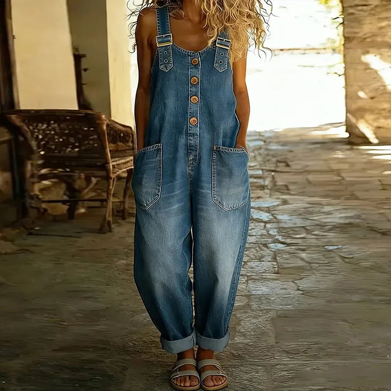 Mara – Vintage Mjuk Bomullsdenimlook Overall med Justerbara Axelband