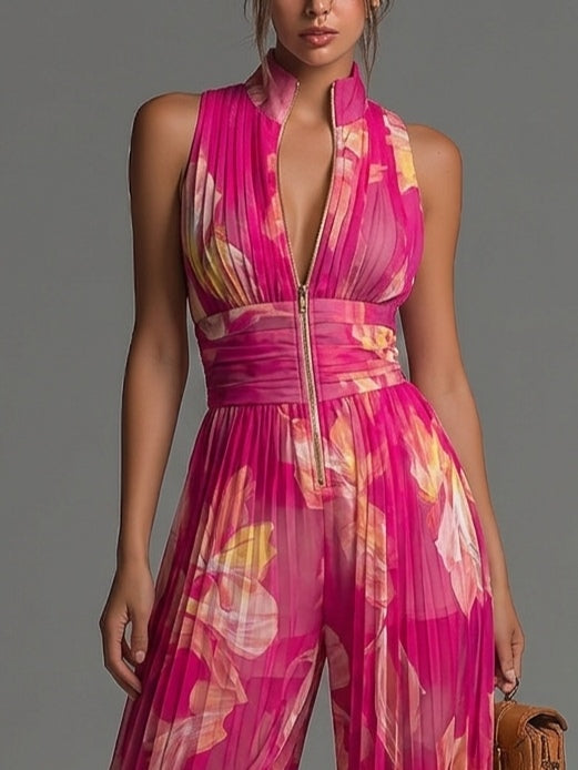 Zsófia | Fuchsia Blomster Plisserad Chiffon Overall
