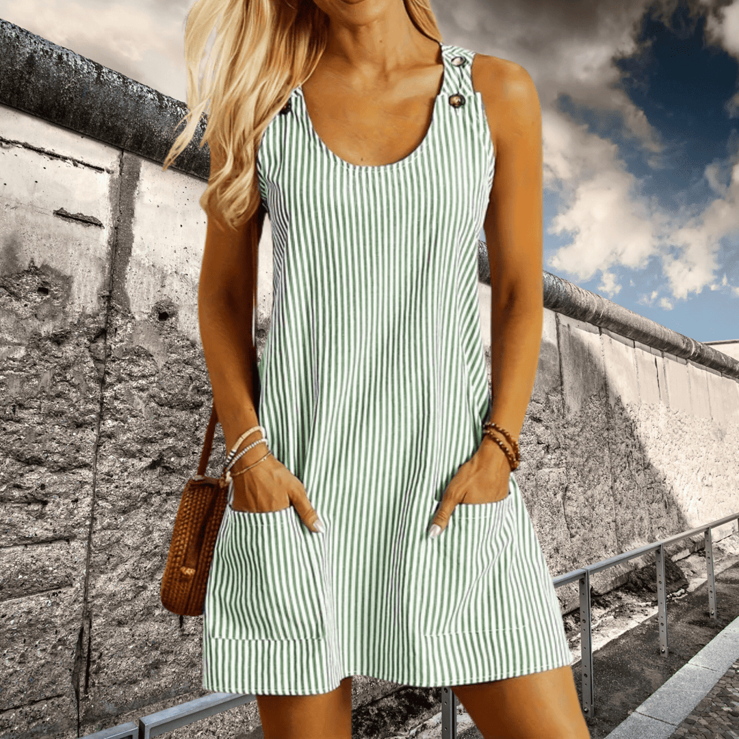 Sommarklänning Dam | Randig A-linjedesign & Praktiska Fickor