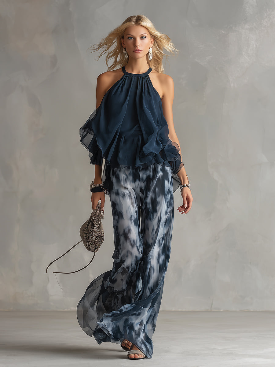 Ludovica | Elegant Chiffon Set med Hög Krage och Vida Ben Tryckt Byxor