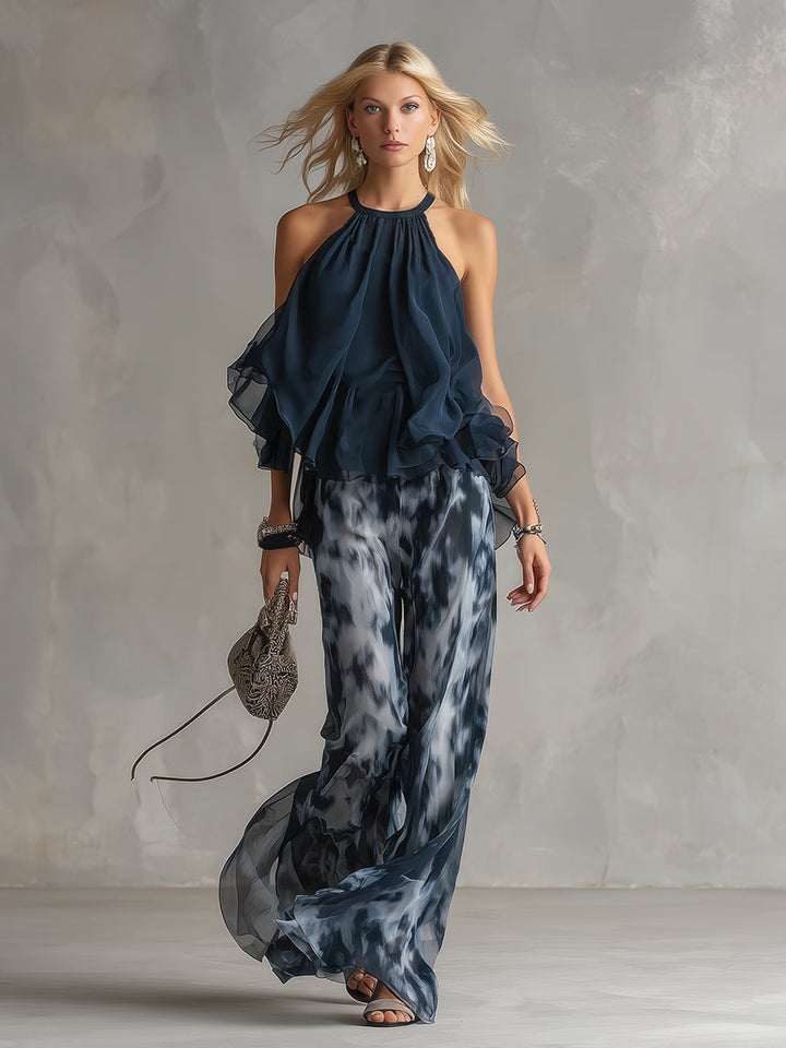 Ludovica | Elegant Chiffon Set med Hög Krage och Vida Ben Tryckt Byxor