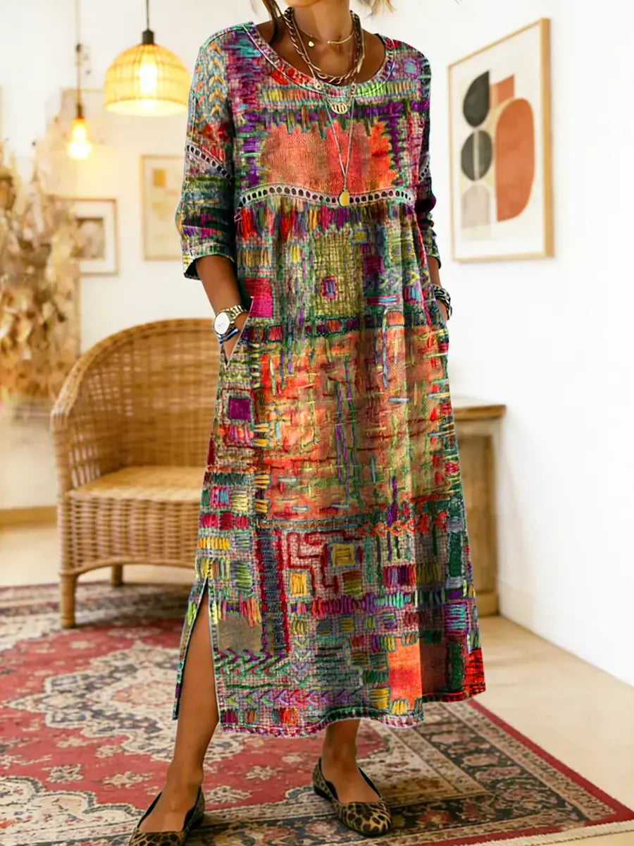 Hélène | Denim Klänning med Etniskt Patchwork