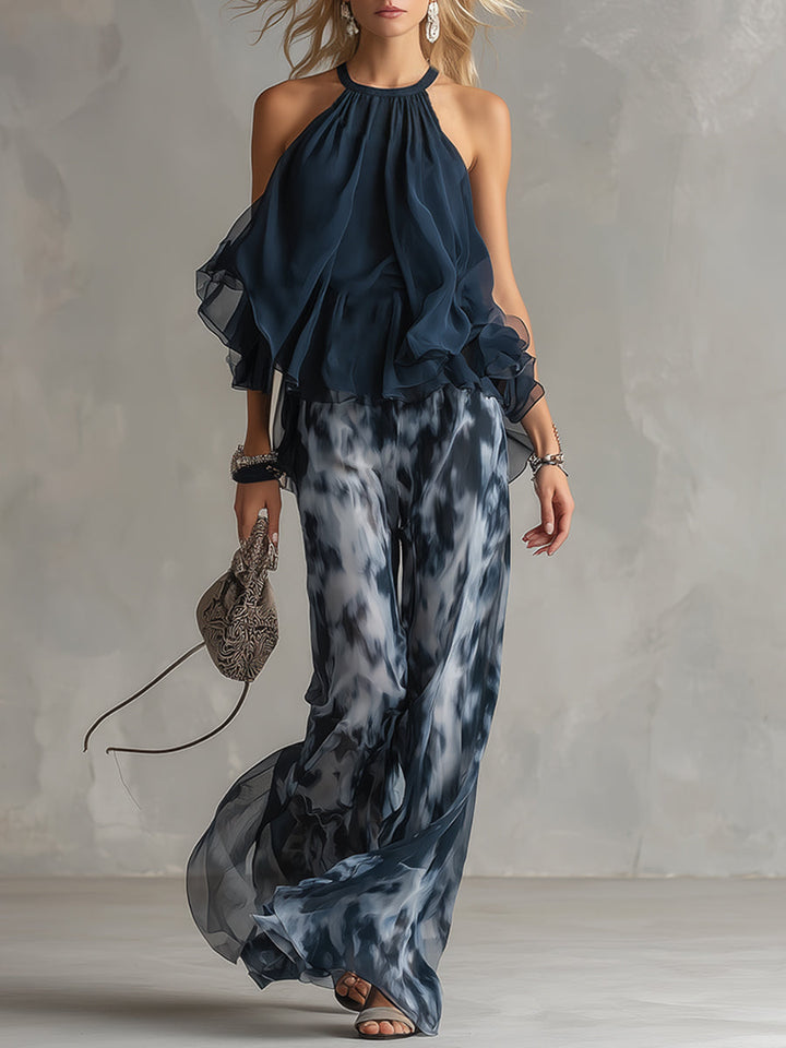 Ludovica | Elegant Chiffon Set med Hög Krage och Vida Ben Tryckt Byxor