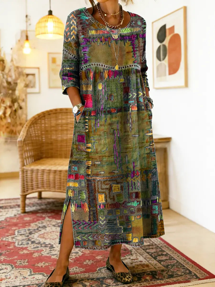 Hélène | Denim Klänning med Etniskt Patchwork