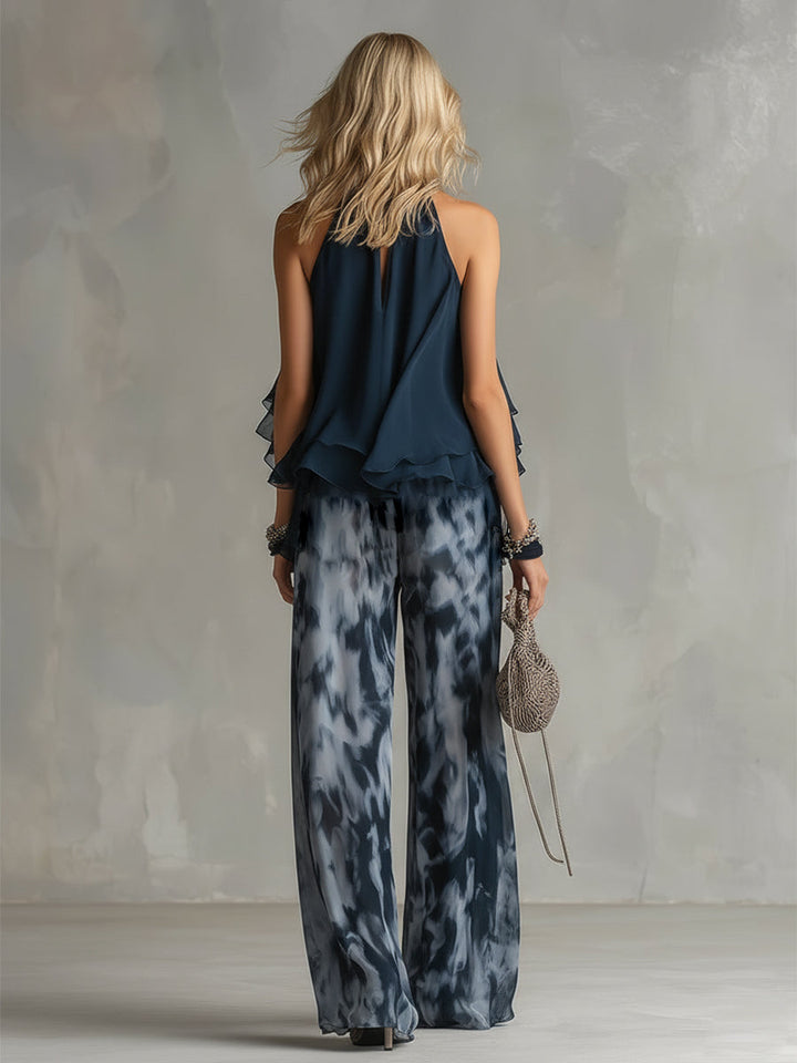 Ludovica | Elegant Chiffon Set med Hög Krage och Vida Ben Tryckt Byxor