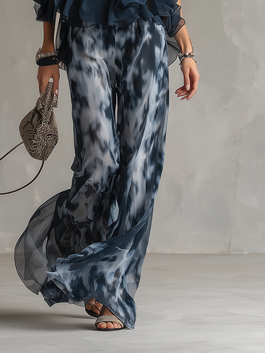 Ludovica | Elegant Chiffon Set med Hög Krage och Vida Ben Tryckt Byxor