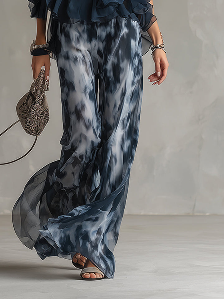 Ludovica | Elegant Chiffon Set med Hög Krage och Vida Ben Tryckt Byxor