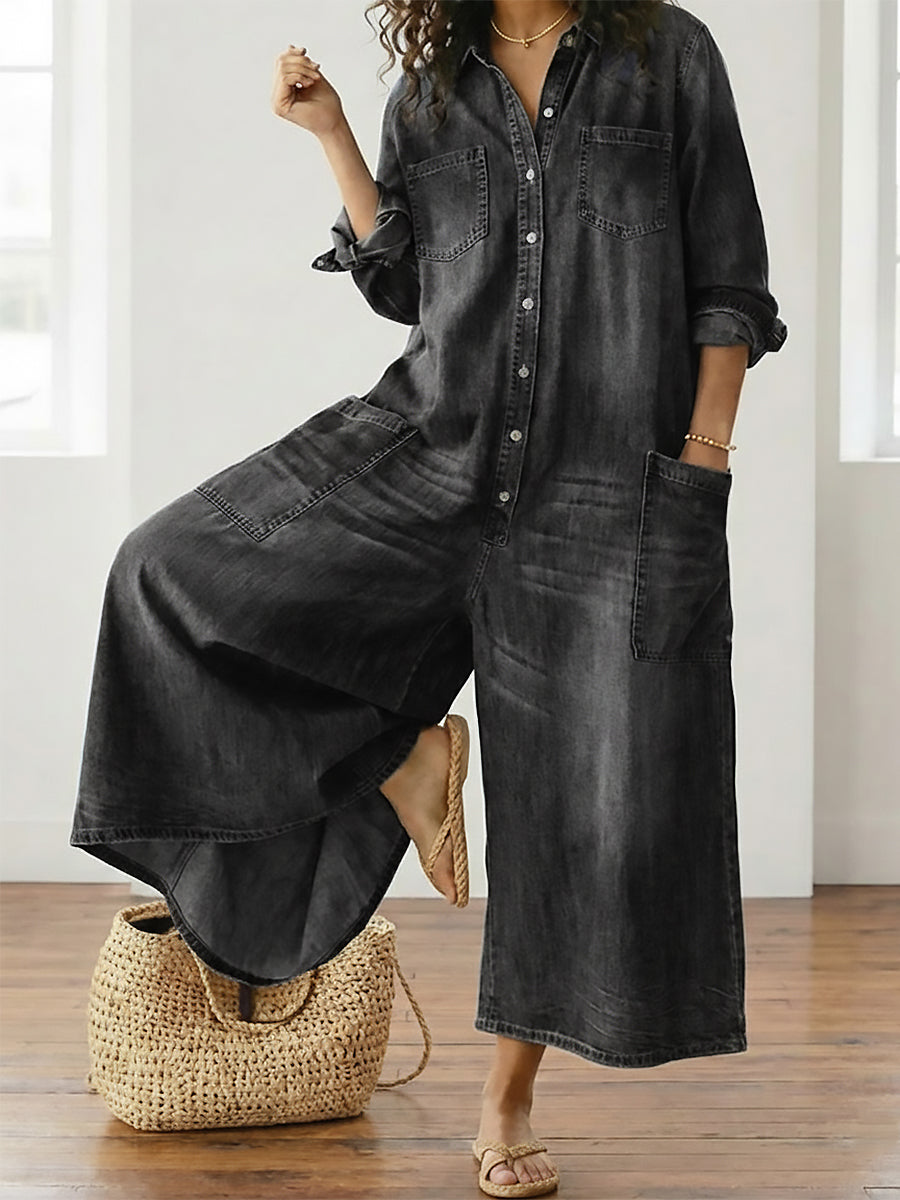 Saylor – Vintage Tvättad Mjuk Denim Overall med Knappstängning