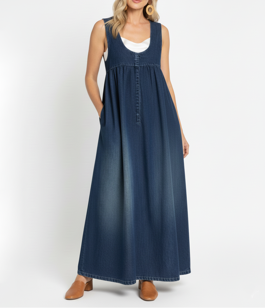Miranda – Vintage Tvättad Mjuk Bomullskänsla Denim Maxiklänning