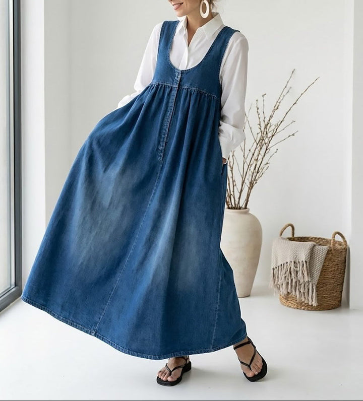 Miranda – Vintage Tvättad Mjuk Bomullskänsla Denim Maxiklänning