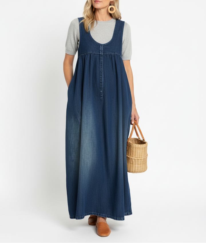 Miranda – Vintage Tvättad Mjuk Bomullskänsla Denim Maxiklänning